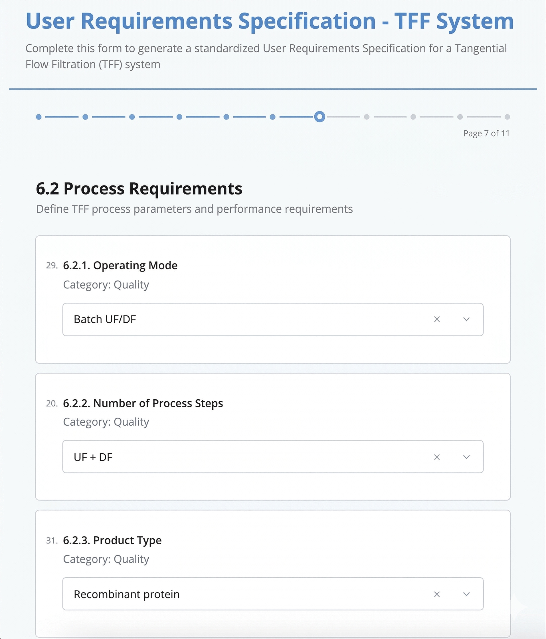 EnjiPro guided form for TFF User Requirements Specification with dropdowns for operating mode, process steps, and product type